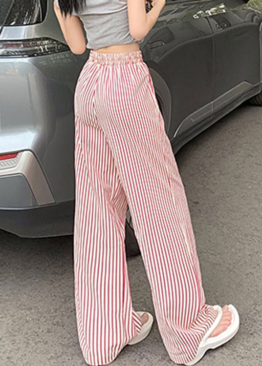 Pink Lace Up Pockets Cotton Pants High Waist Summer Nn008