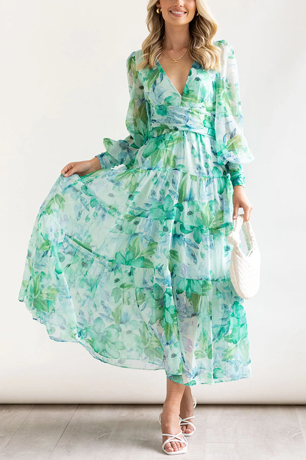Olena Abstract Balloon Sleeves Maxi Dress (the Back Is Stretchy)
