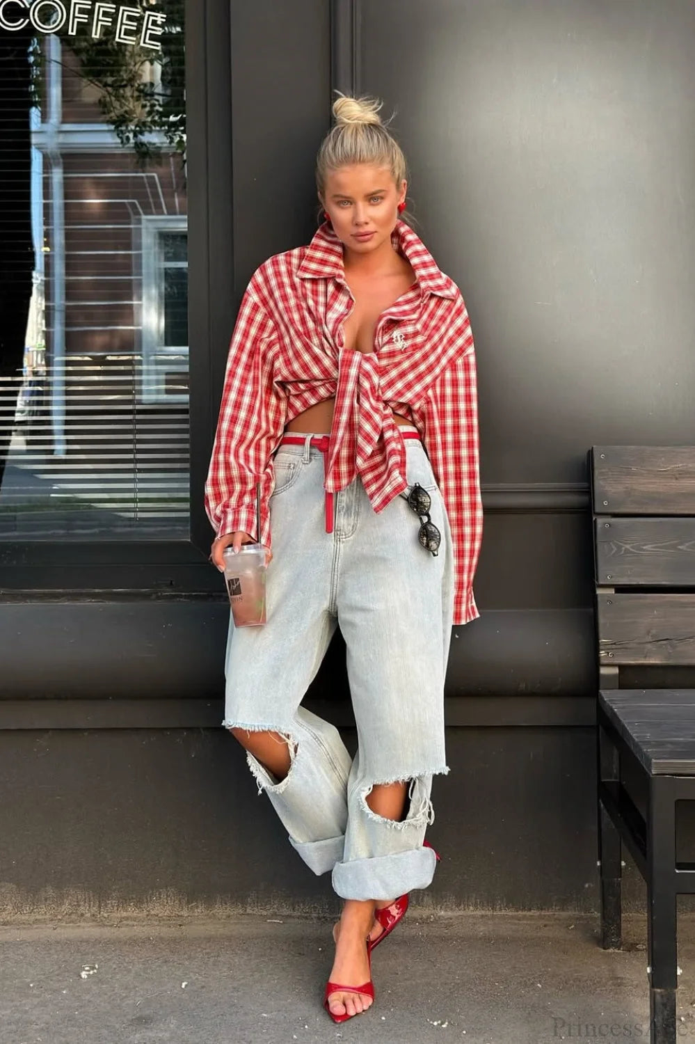 Red Plaid Collared Loose Long Sleeve Blouse