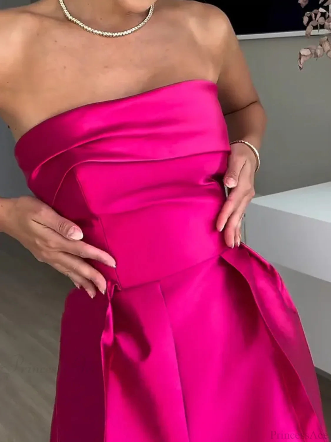 Rose Red Sleeveless Satin Maxi Dress Backless Pleated Party Dress