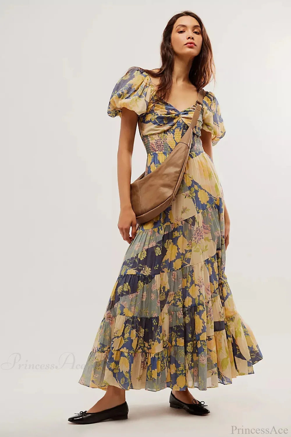 Chiffon Maxi Dress Print Puff Sleeve