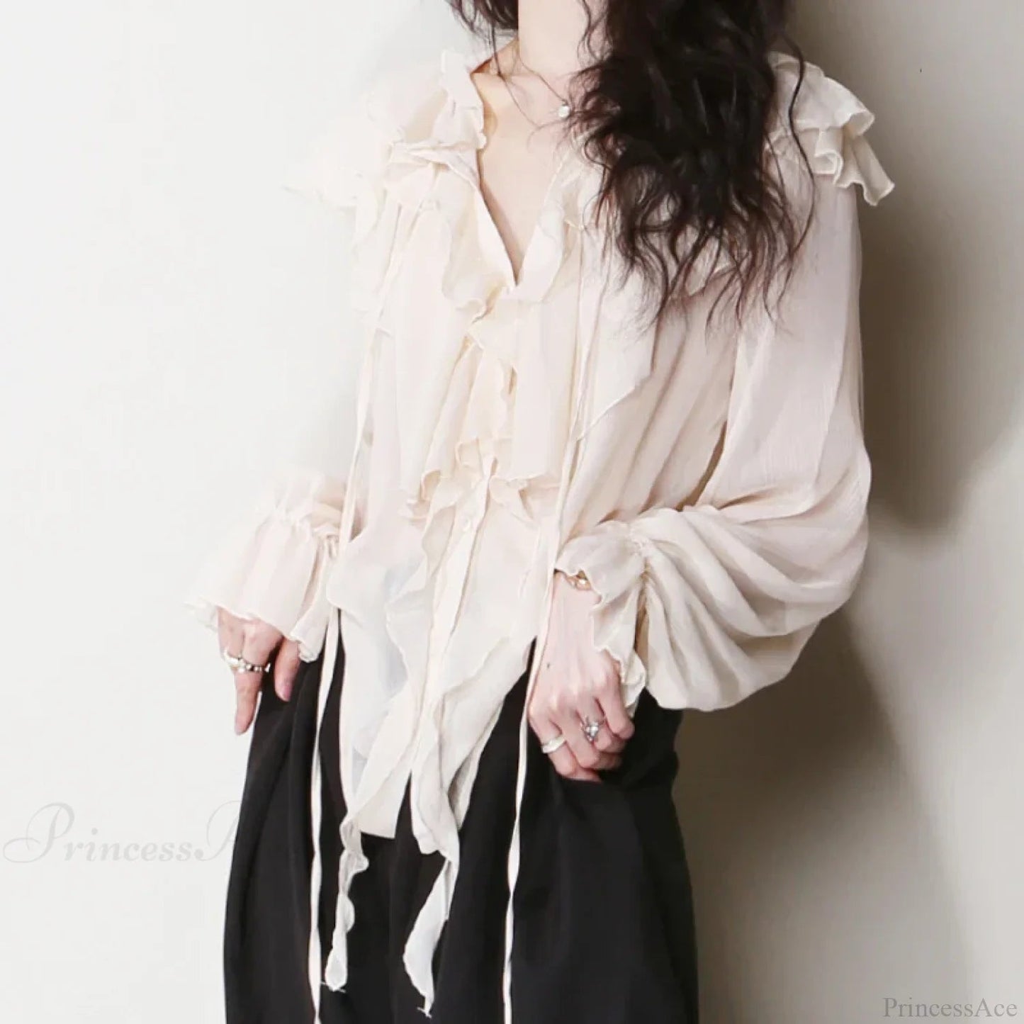 Chiffon Ruffles Bow Tie Long Sleeve Blouse