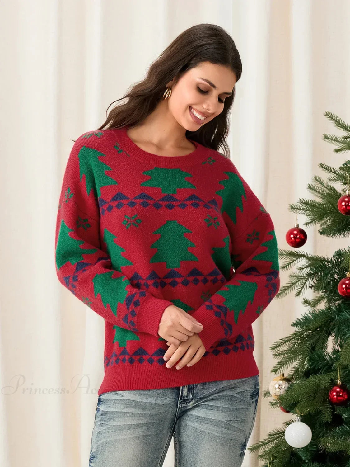 Classic Red Christmas Tree Print Loose Long Sleeve Pullover Christmas Sweater
