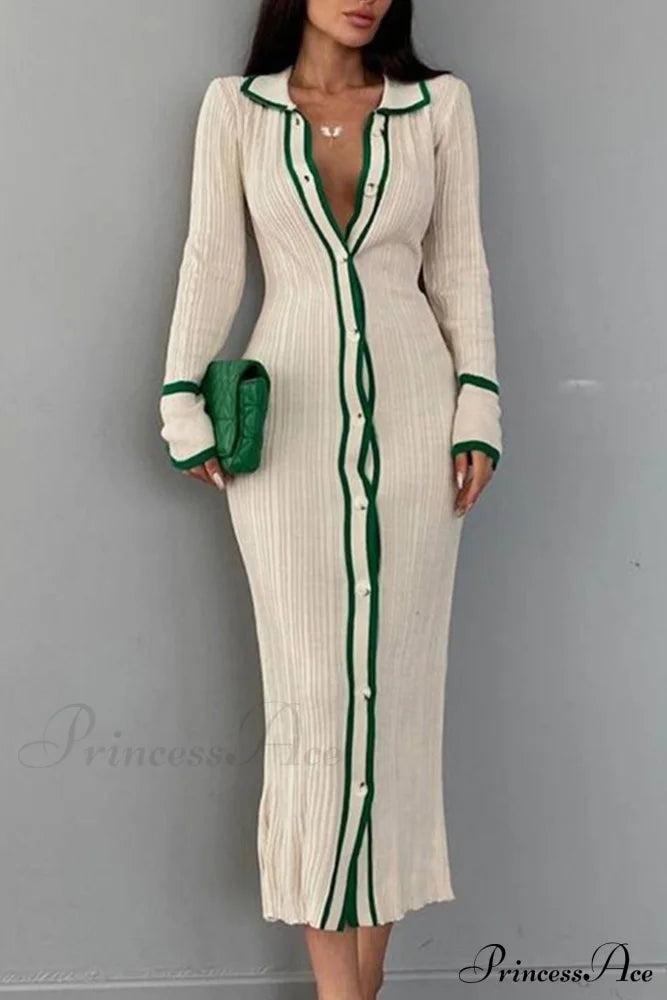 Contrast Ribbed Dress With Lapel