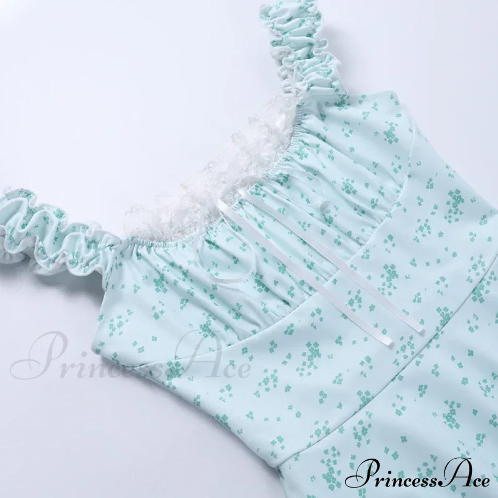 Coquette Y2k Printpatchwork Lace Trim Square Neck T-shirts Dress