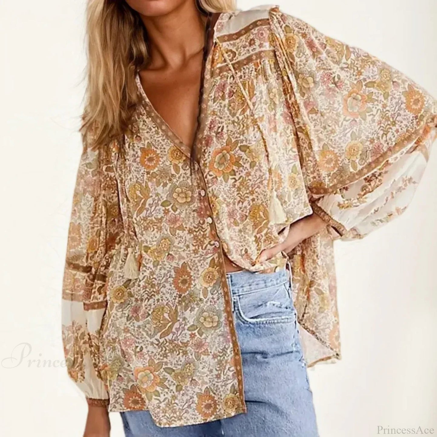 Cotton Rayon Printed Long Sleeve V-neck Blouse