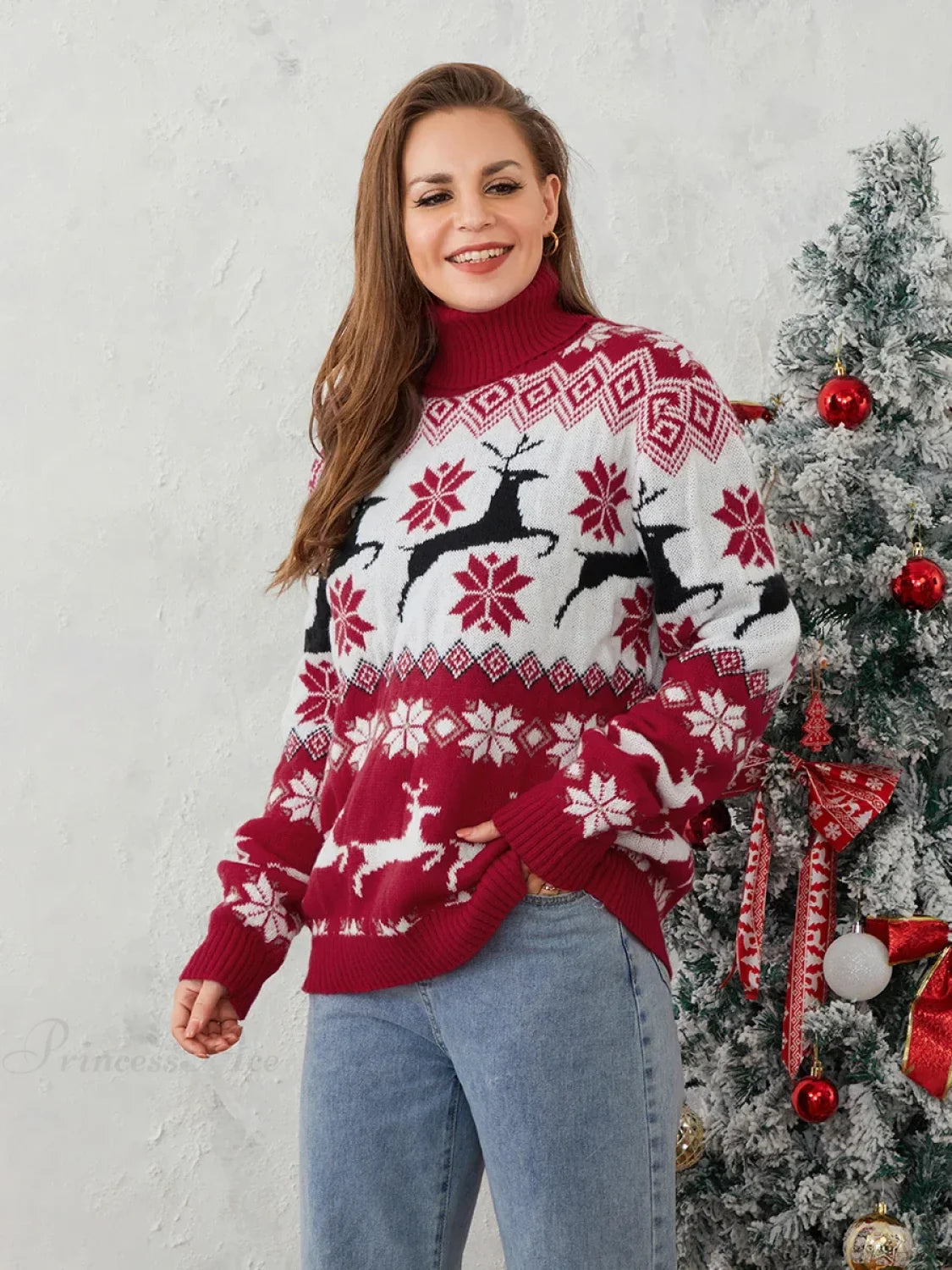 Couples Elk Print Long Sleeve Turtleneck Warm Knitted Christmas Sweater