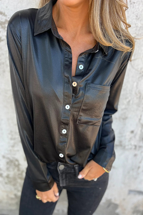 Holiday Look Metallic Loose Pocket Button-down Blouse