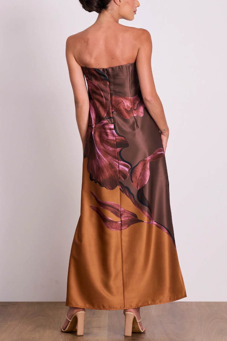 Drawing Inspiration Satin Print Off Shoulder A-line Slit Maxi Dress