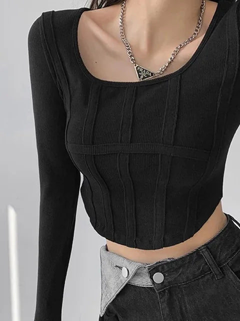 Y2k T-shirt Crop Tops Spring Long Sleeve O Neck Cotton Shirts Bustier Harajuku Pullover