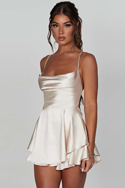 Cowl Neck Backless Tie Strap Mini Dress