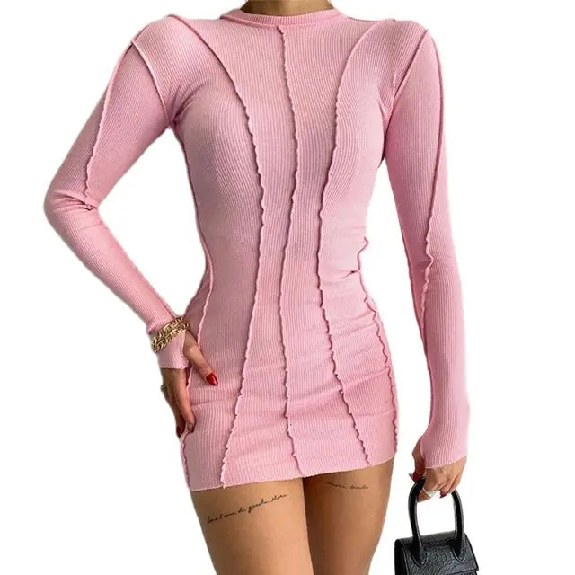 Screw Thread Mini Dress for Spring Ribbed Long Sleeve Bodycon Dresses Pink Streerwear Elastic Vestidos