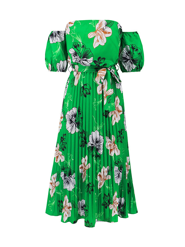 A-line Loose Elasticity Flower Print Pleated Split-joint Tied Waist Off-the-shoulder Maxi Dresses