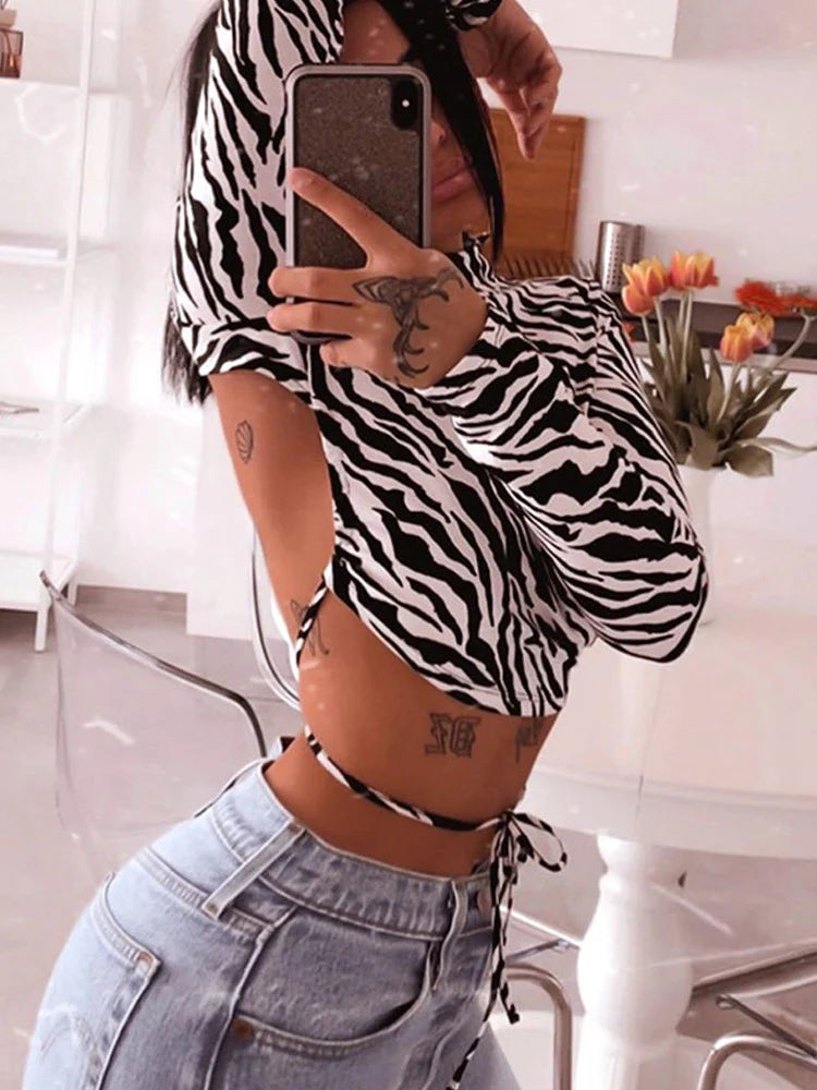 Animal Zebra Print Backless Cropped Tshirt Long Sleeve T-shirt Crop Tops Tees