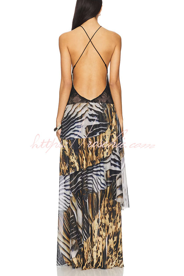 Desert Queen Embroidered Lace-up Leopard Colorblock Layered Slit Maxi Dress