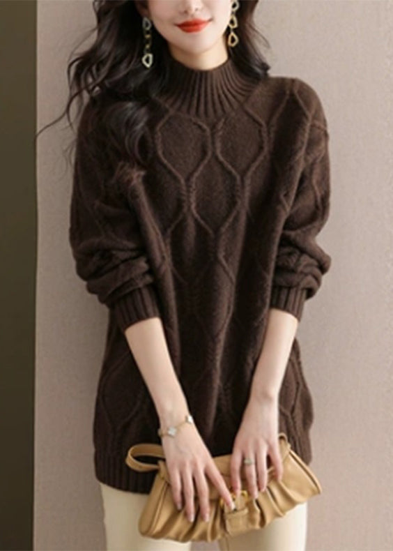 Coffee Turtleneck Cotton Knit Sweaters Winter Wd040