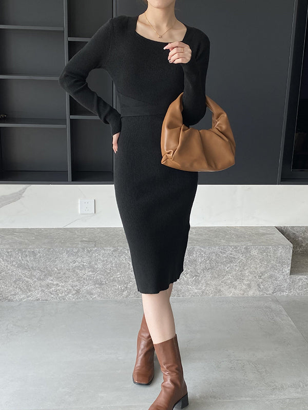 Simple Skinny Long Sleeves Color Square-neck Sweater Dresses