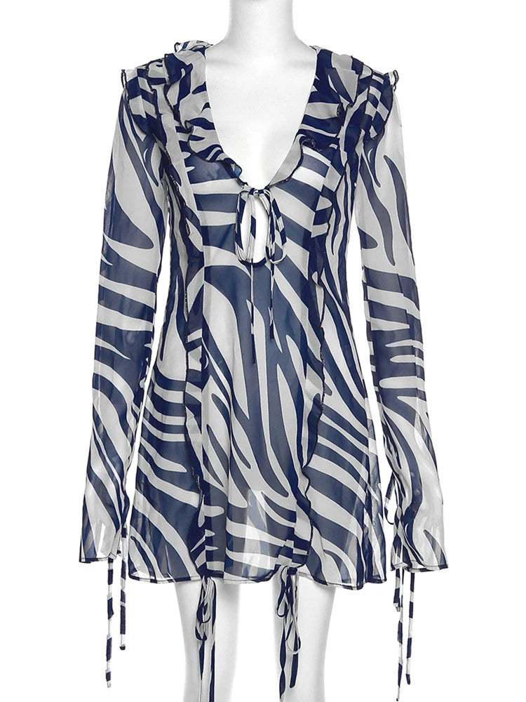 Julissa Mo Chiffon Sheer Bandage V-neck Longsleeve Mini Dress for Zebra Print Slim See Through Beach Holiday Dresses