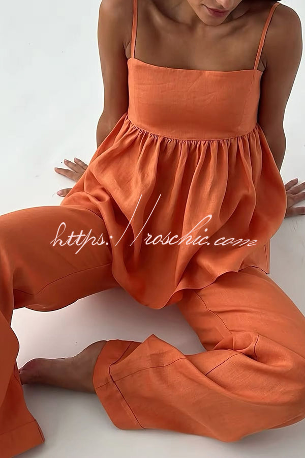 Color Suspender Loose Top and Elastic Waist Wide Leg Pants Set