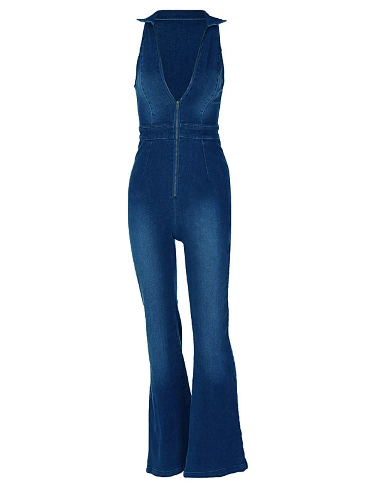 Y2k Denim Jumpsuit New V-neck Sleeveless Slim Bodycon Jumpsuits Overalls One Piece Outfits Jeans