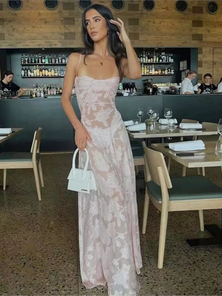 Summer New Dresses for Spaghetti Strap Lace Hollow Out Low Cut A-lin Long Dress Beach Vacation Vestidos