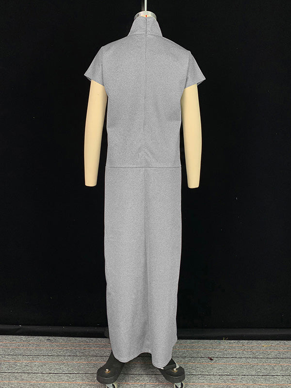 Loose Short Sleeves Color Split-joint High Neck Maxi Dresses