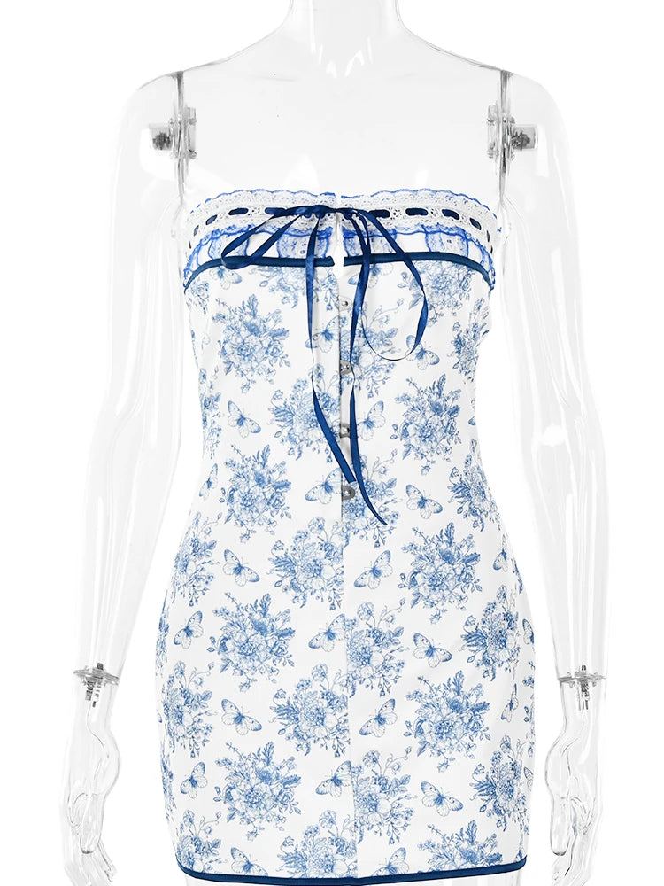 Julissa Mo Printed Vacation Dress Off-shoulder Blue Metal Button Spring Skinny Outside Female Mini Dresses