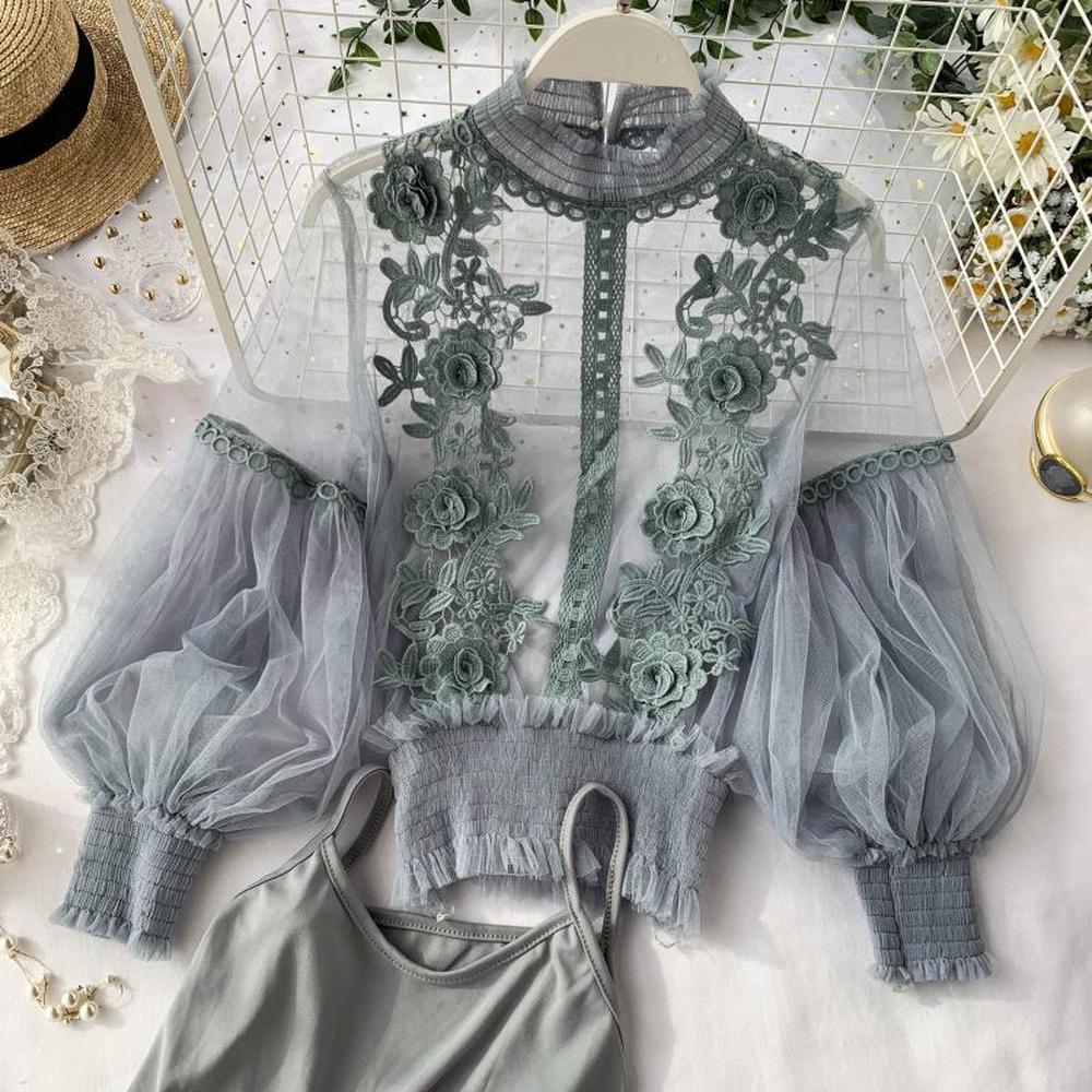 Grey Stand Collar Embroidery Flowers Sheer Lace Lantern Sleeve Blouse