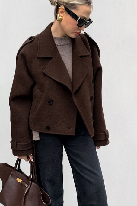 Notch Collar Double-breasted Wool Blend Trench Coat