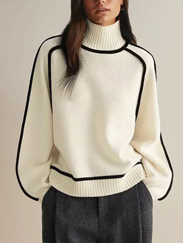 Original White High Neck Contrast Color Long Sleeve Sweater Tw012