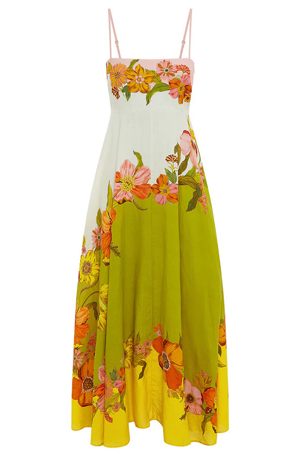 Linen Blend Contrast Print Back Smocked Pocket Maxi Dress