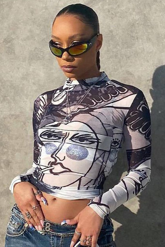 Sheer Mesh Print Round Neck Long Sleeve Blouse