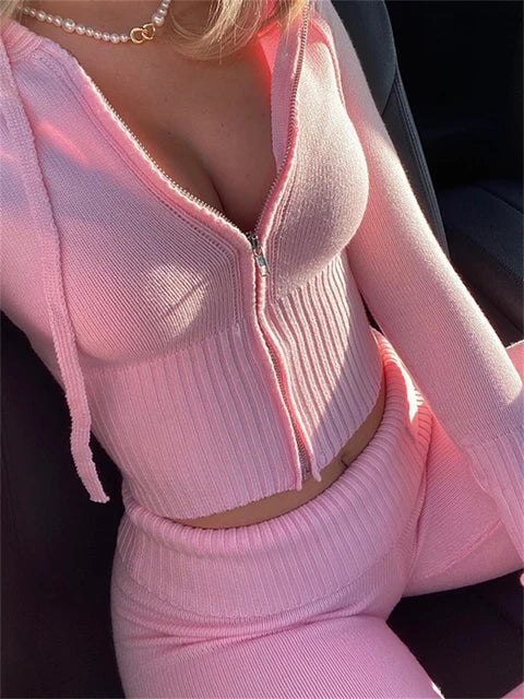 Knit Hoodie and Pants Sets Outfits Low Waist Knitted Cropped Top Sweat Leggings Two Piece Set Tracksuit New