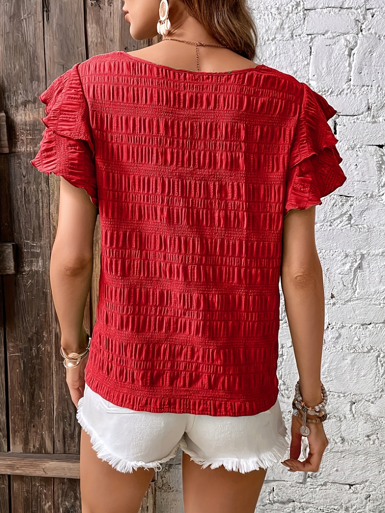 All-season Crew Neck Blouse With Timeless Ruffle