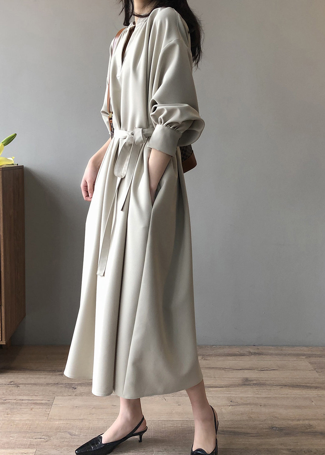 Apricot V Neck Tie Waist Cotton Long Dress Fall Af1069