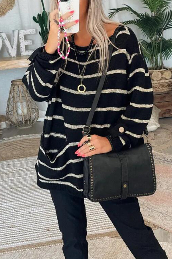 Color Contrast Stripe Pullover Round Neck Loose Sweater