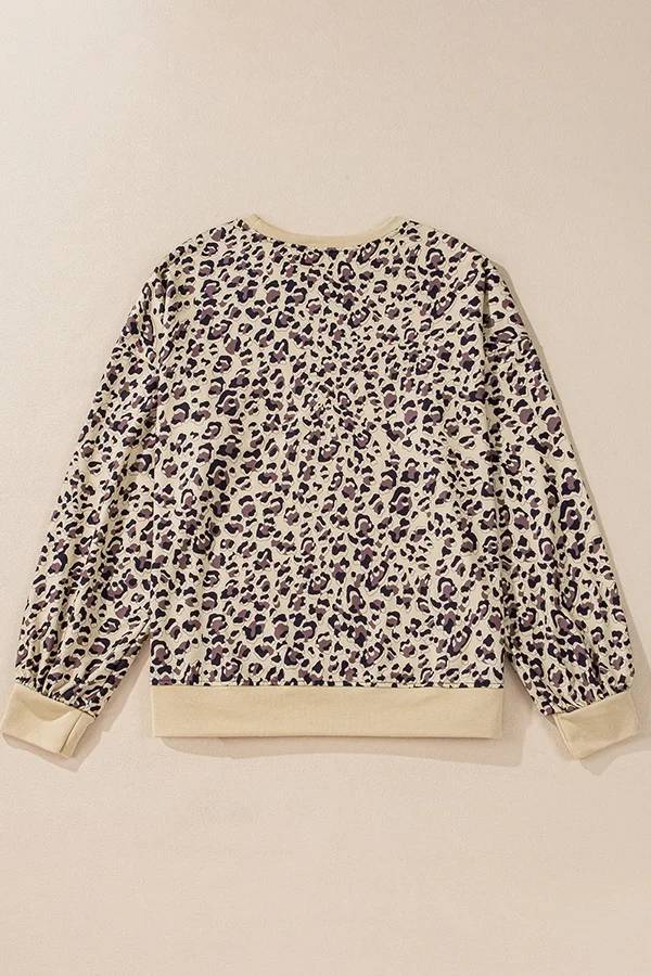 Leopard Print Crew Neck Patchwork Long Sleeve Loose Sweatshirt