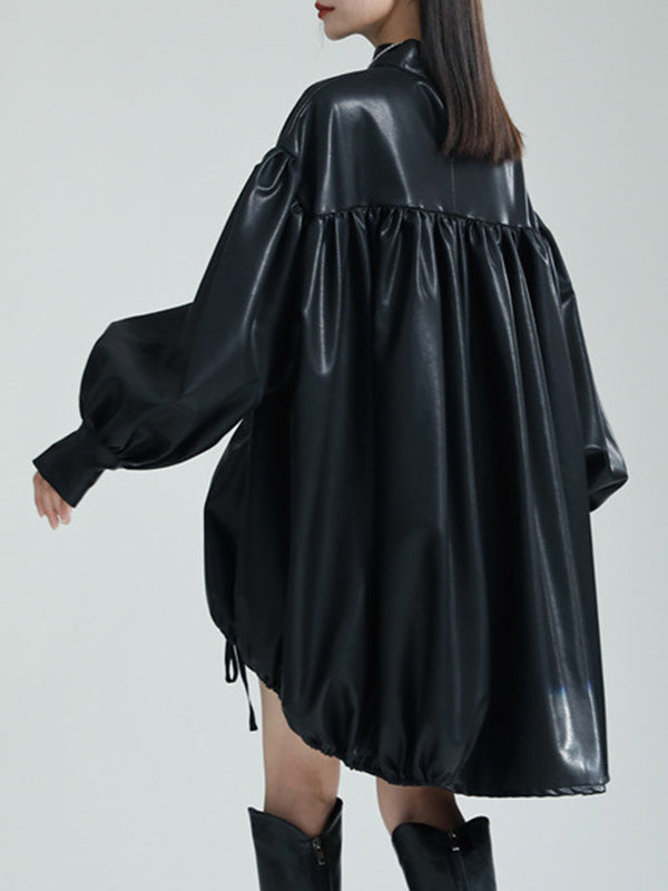 High-low Long Sleeves Drawstring Pleated Color Stand Collar Mini Dresses