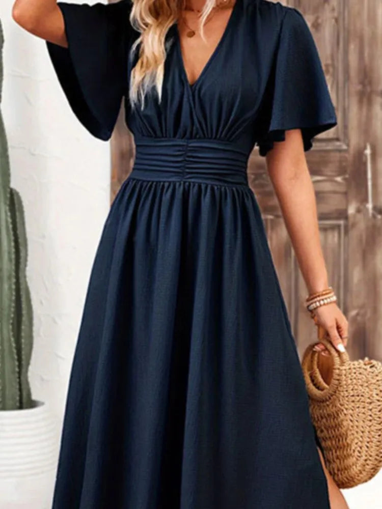Summer Color Long Dresses Ruffled Short Sleeves V-neck Folds Elastic Waist Slit Dress Lady Vestidos