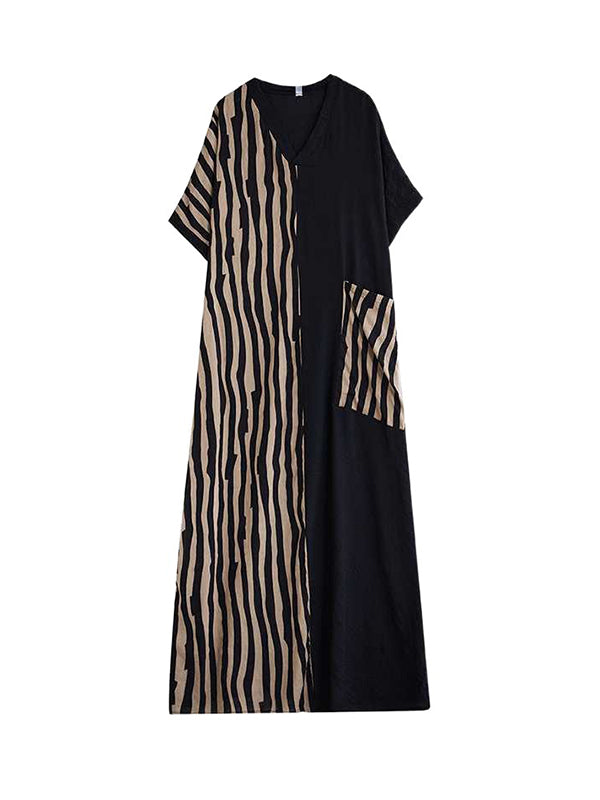 A-line Batwing Sleeves Contrast Color Pockets Split-joint Striped V-neck Maxi Dresses