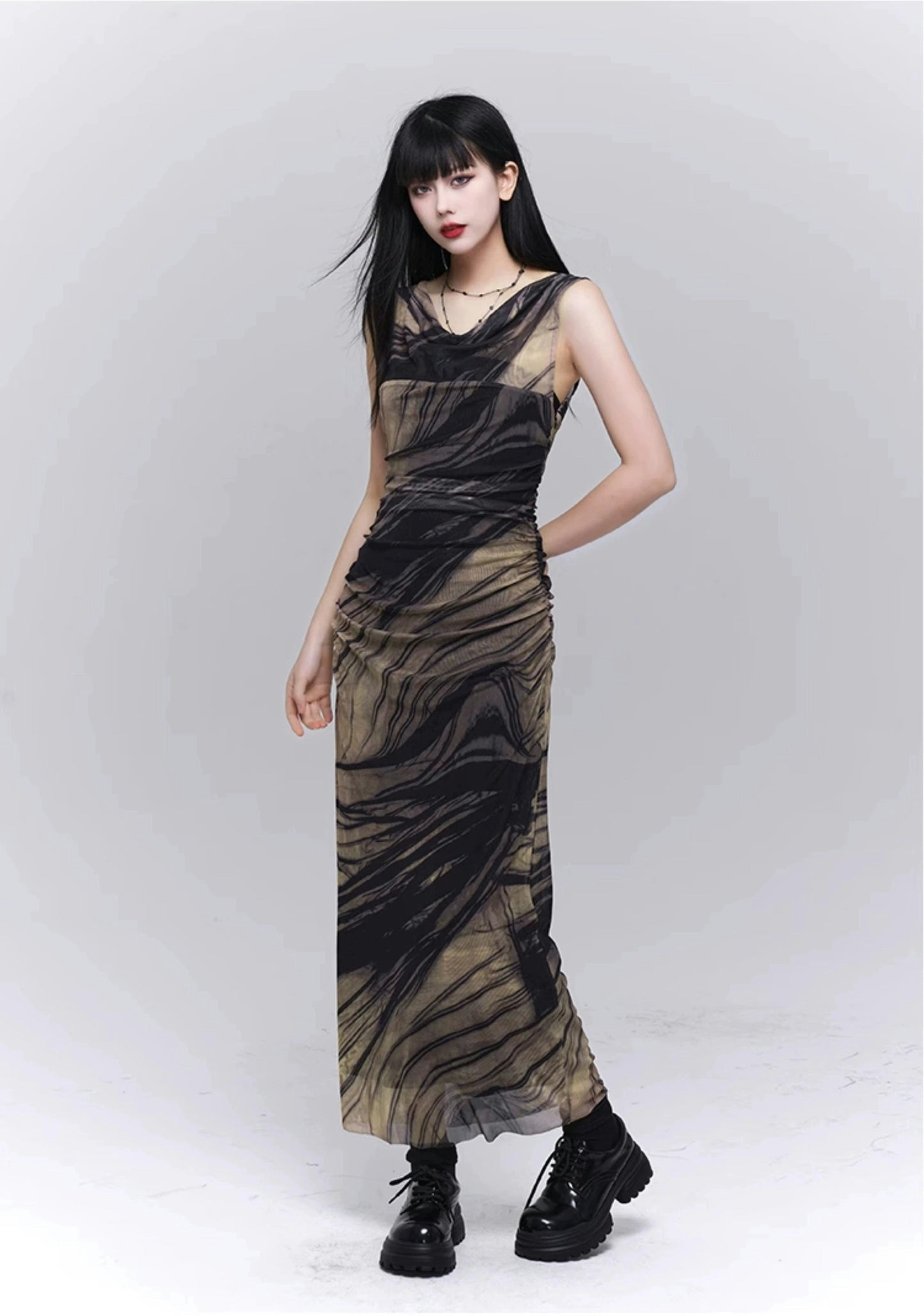 Marble Print Mesh Maxi Dress