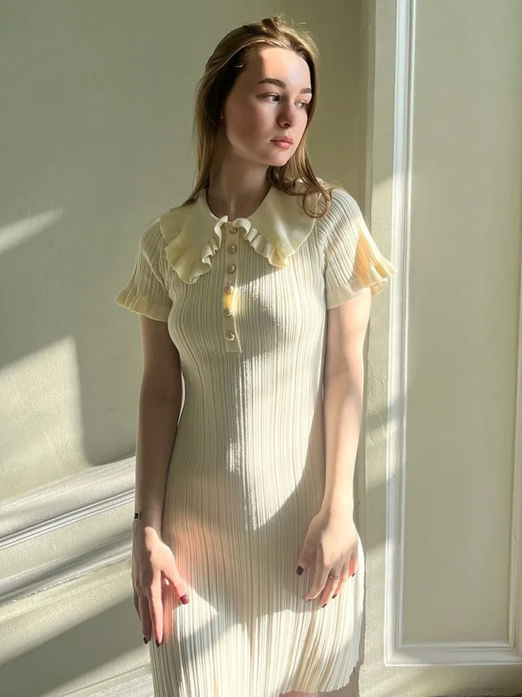 Ruffled Knit High Waist Mini Dress ’s Color Slim Fit Retro Single Breasted Short Sleeve Mini Dress