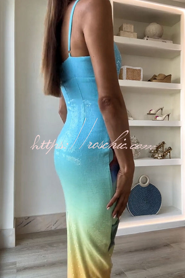 Dreamy Dreamy Sequin Unique Gradient Print Slit Stretch Maxi Dress(shipped Within 24 Hours)