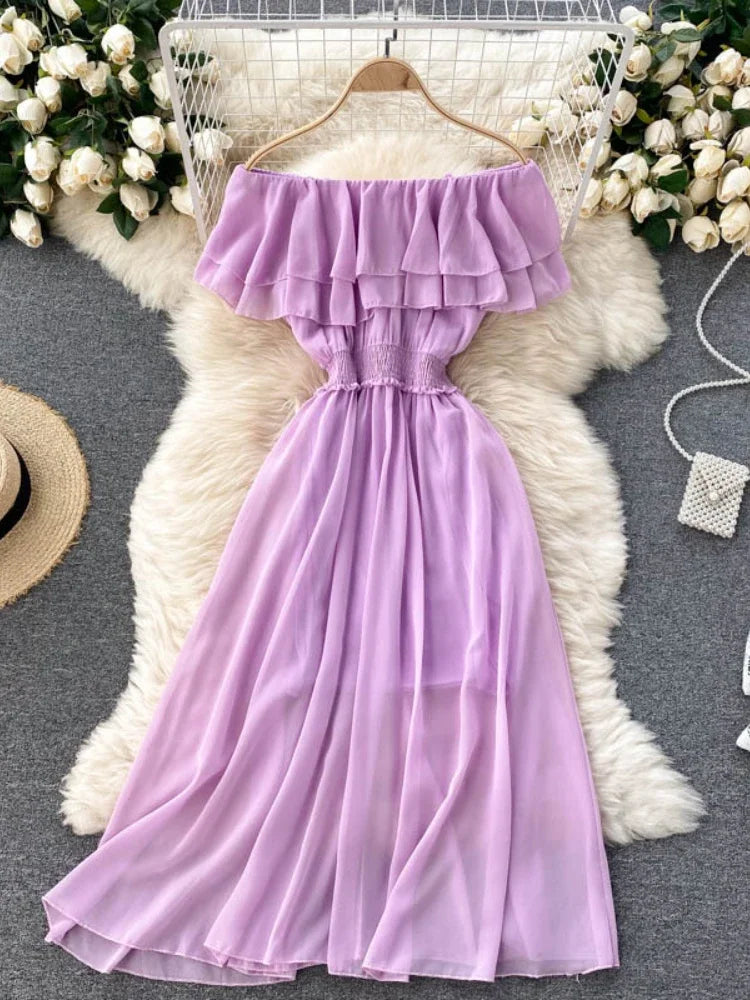 Chiffon Beach Dress Double Layer Ruffled Off the Shoulder Dresses Sweet Slash Neck Long Dress