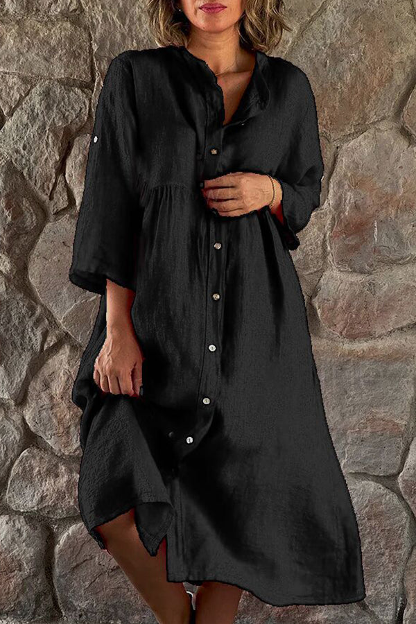 Cotton Linen Color Stand Collar Button Long Dress