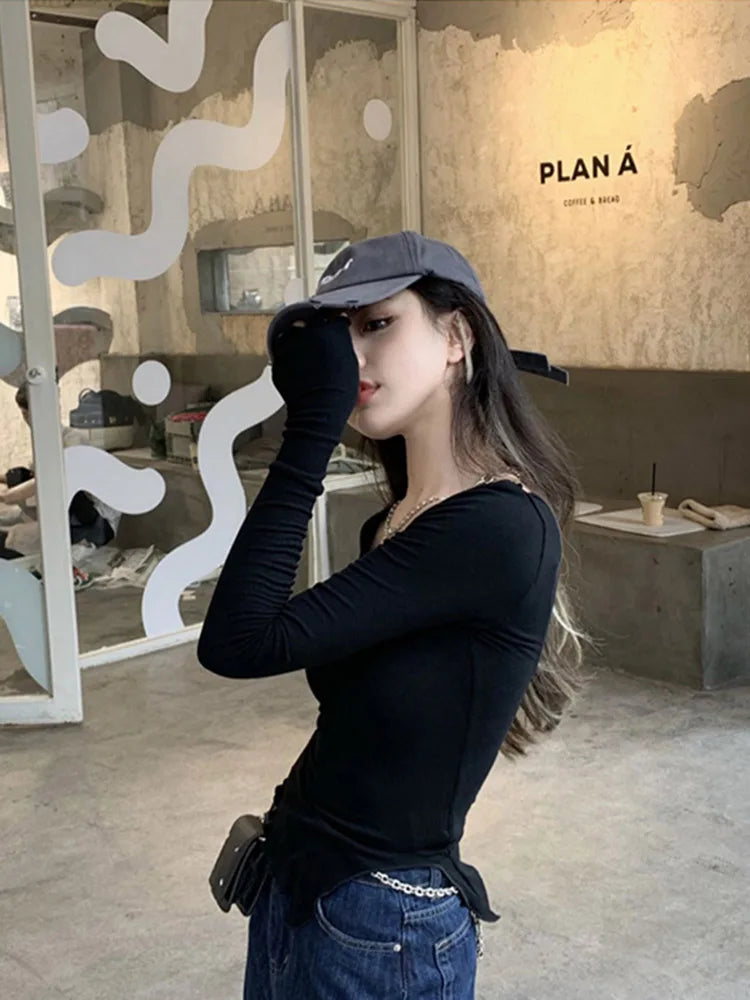 Long Sleeve T-shirts Fungus Line Irregular Hem Knitted Slender Autumn Bottoming Tees Ulzzang New