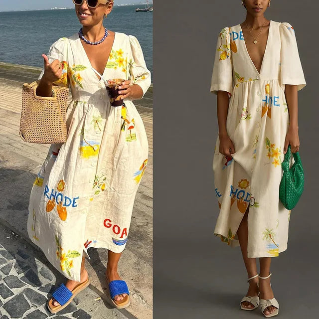 Print Dresses Puff Short Sleeves Single-breasted Beach Vacation Loose Long Dress Summer New Vestidos