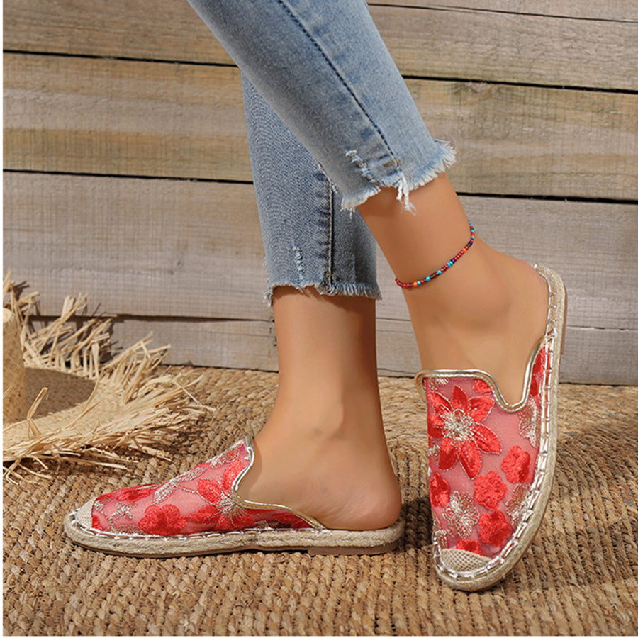 Linen Woven Flat Round Toe Half Slippers