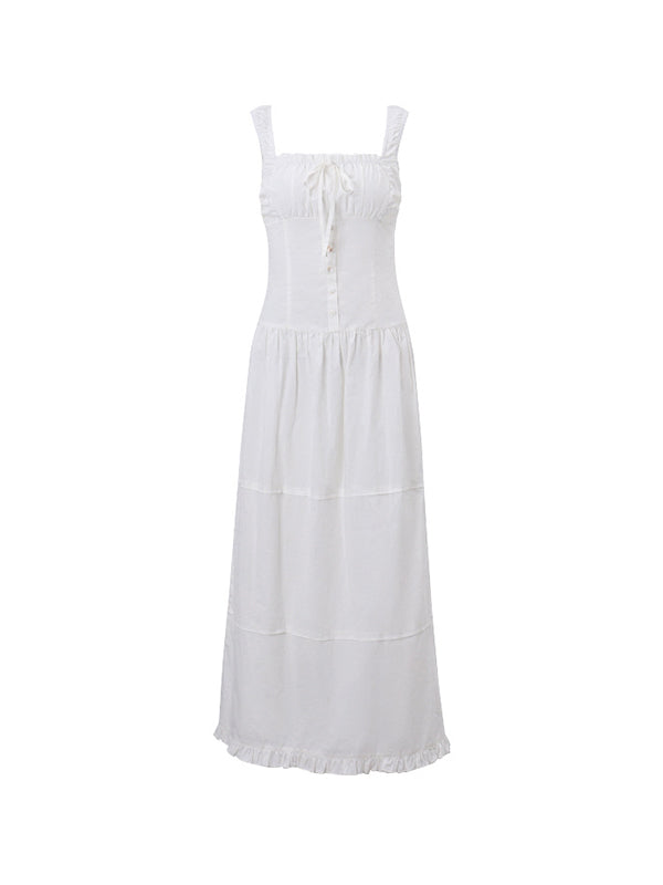 White French Pleated Layered Slim Midi Dress With Lace Up