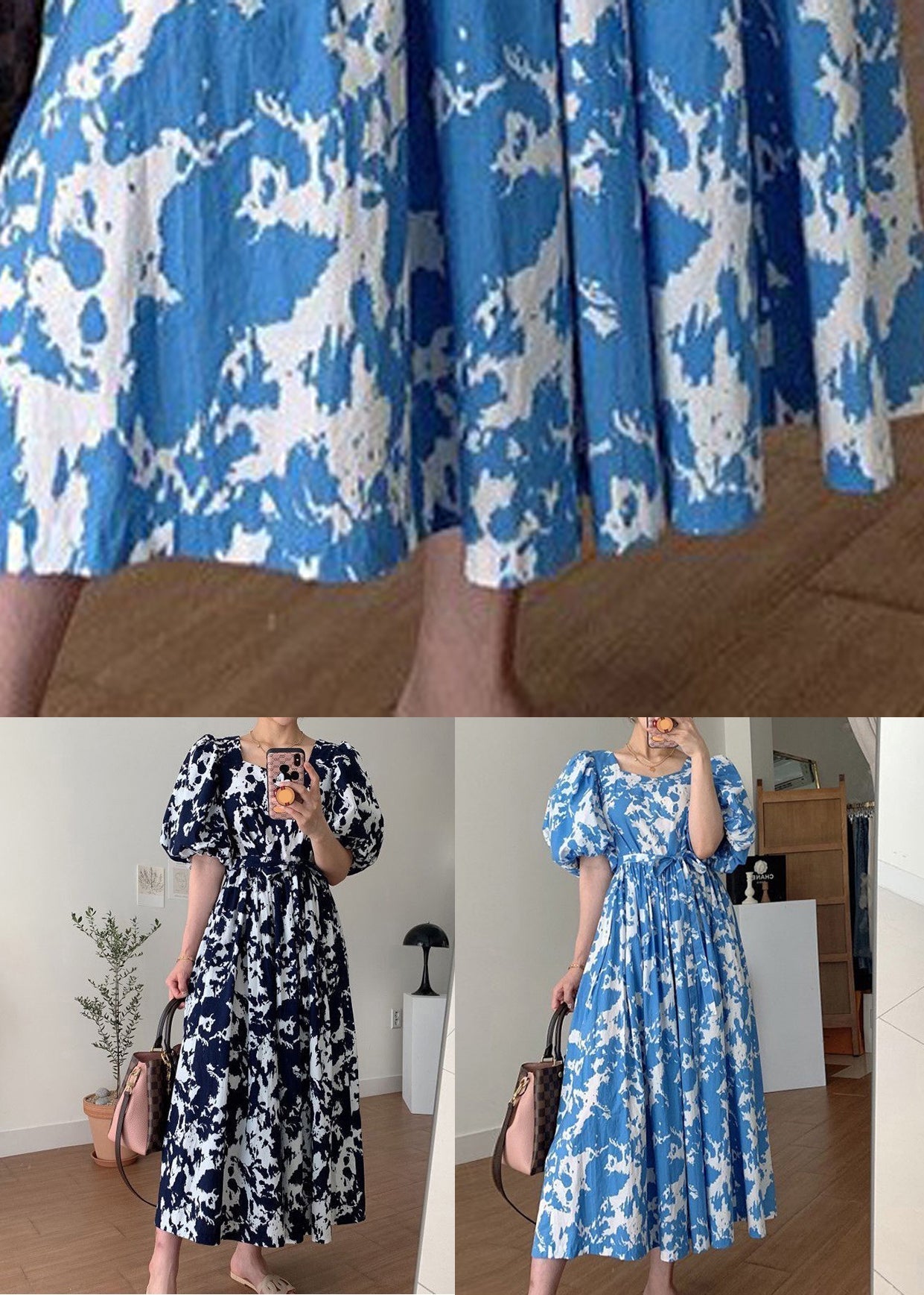 Blue Tie Waist Cotton Long Dresses Square Collar Puff Sleeve Qp007